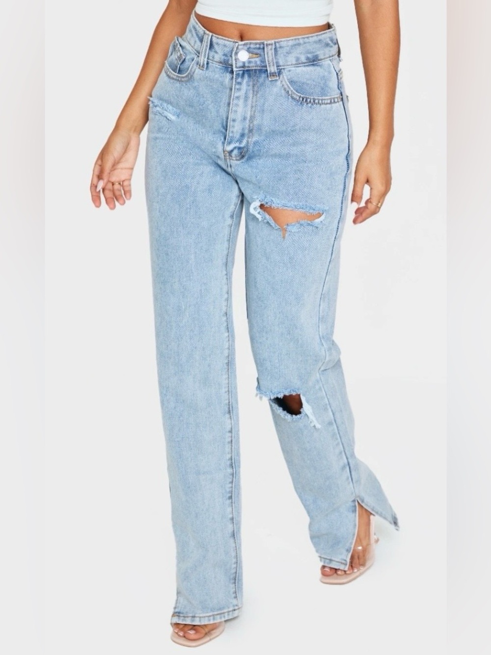 PrettyLittleThing Ripped Split-Hem Jeans, Bleached Wash, Size 4P, EUC